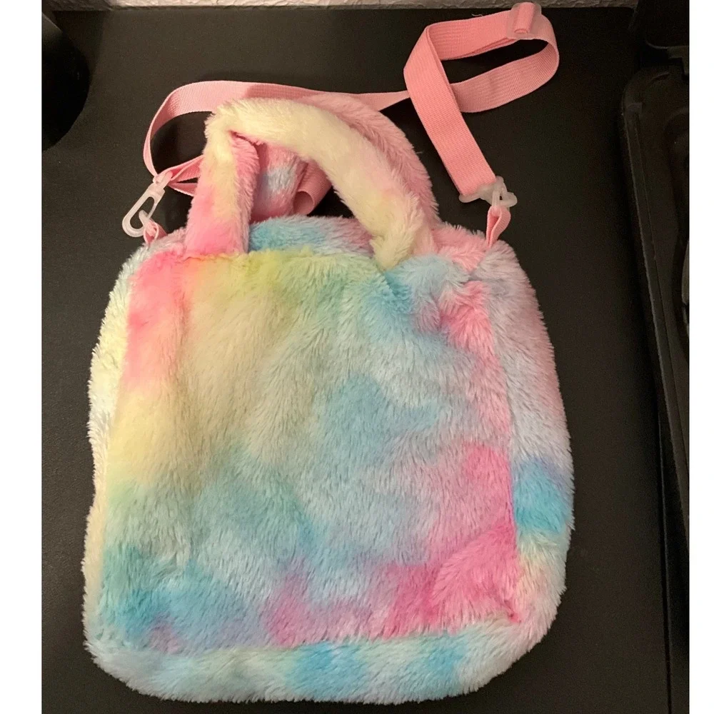 Kids Rainbow Tie Dye Faux Fur Unicorn Crossbody Bag Plush Tote Handbag Pink‎